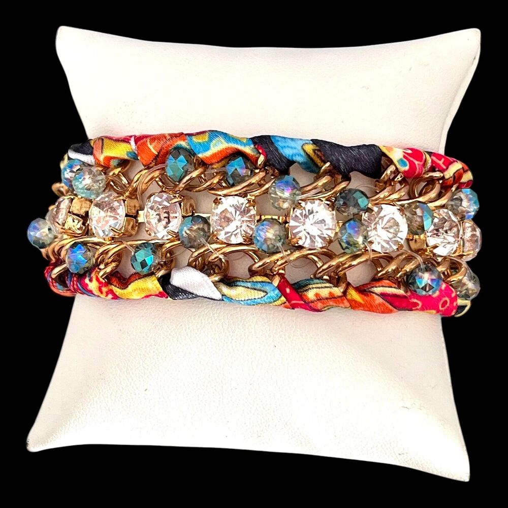 New Gold Tone Bracelet Statement Colorful Fabric Crystals - 10T